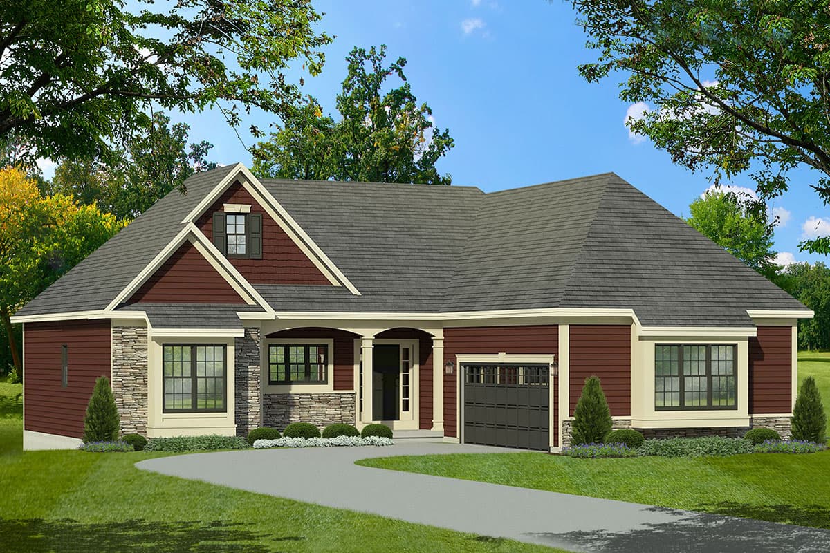 House plan exterior. One-story Craftsman home with a gabled roof, stone accents, and an attached garage. Features include a covered porch.