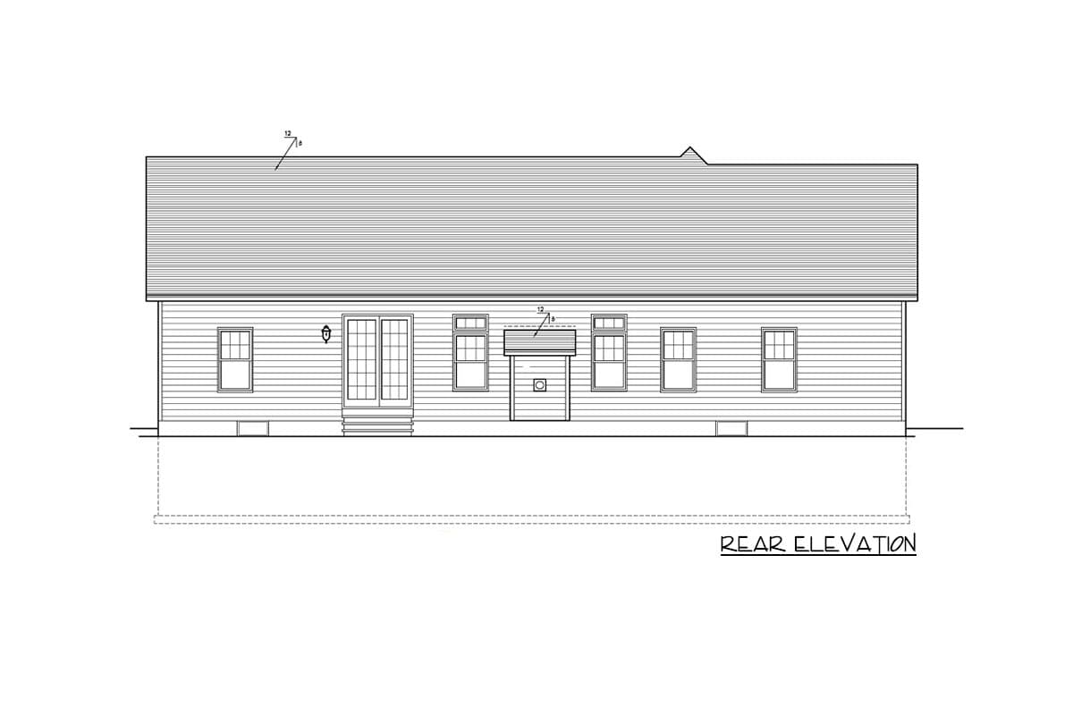 Rear elevation drawing of a single-story house with horizontal siding, double doors, and multiple windows.