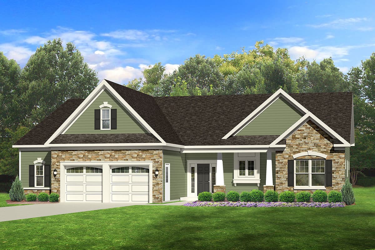 House plan exterior. Ranch-style home with stone accents, a gabled roof, and a front porch supported by columns. Features a two-car garage.