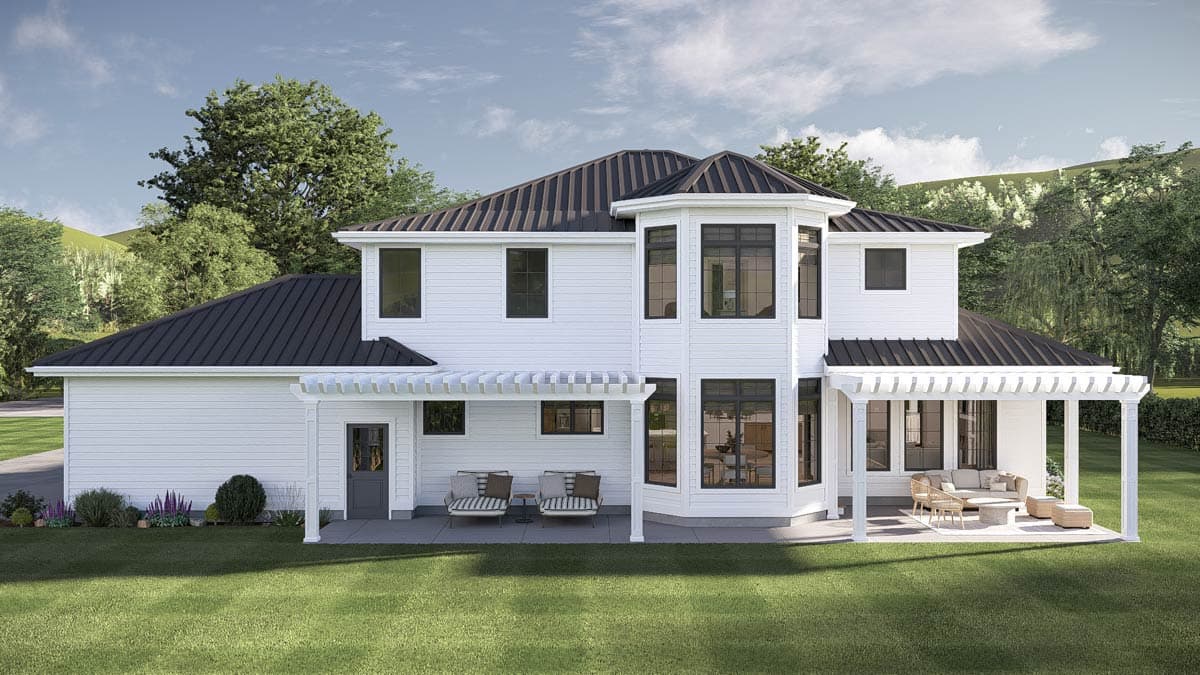 House plan exterior view of two-story residence with white siding, dark metal roof, bay windows, and two pergolas.