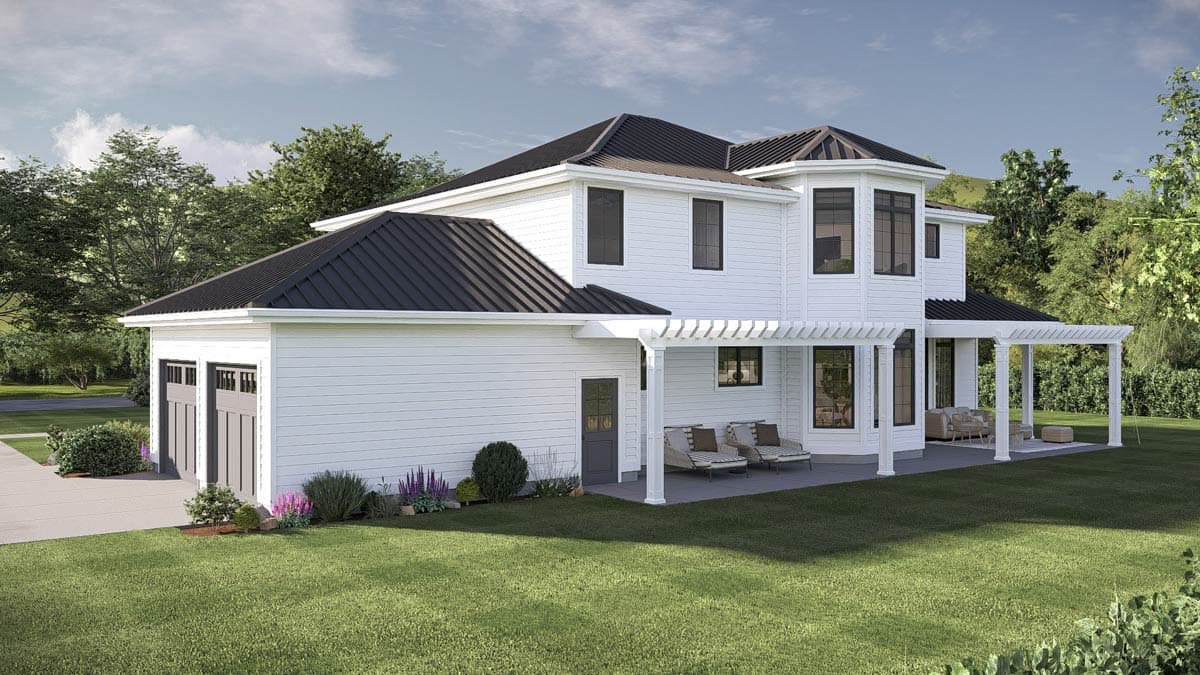 Two-story house plan exterior with attached garage, white siding, black metal roof, and covered patios with pergolas.