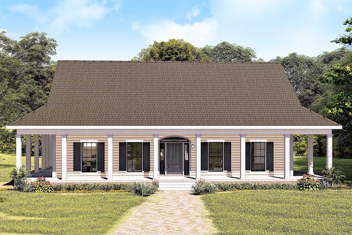 House plan exterior. Single-story with a covered porch supported by columns. Features include a symmetrical façade, and a hipped roof.