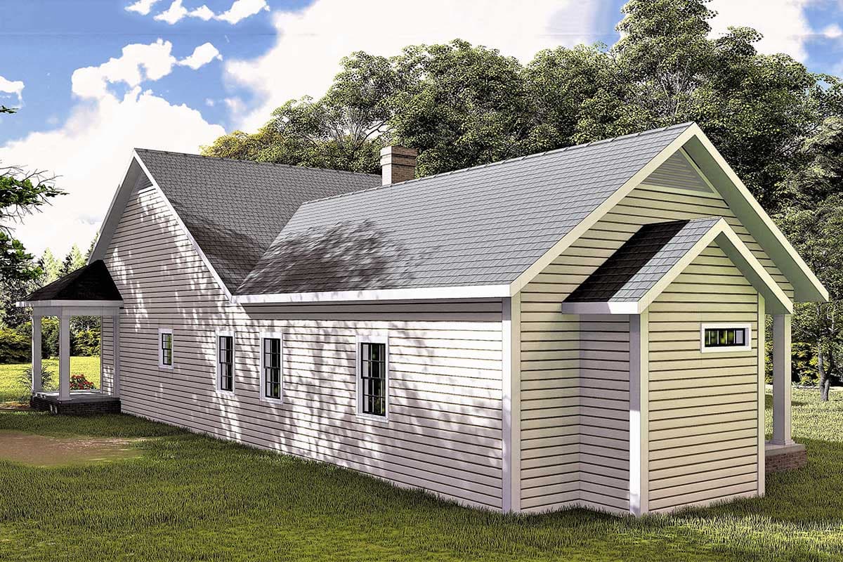 House plan exterior: Single-story Modern Farmhouse with gabled roof, front porch, and side-entry garage.