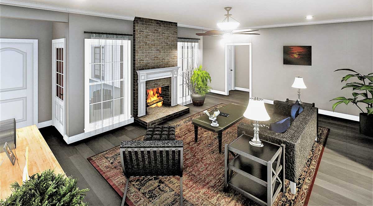 Interior rendering of a living room with brick fireplace, large windows, sofa, coffee table, and armchair.