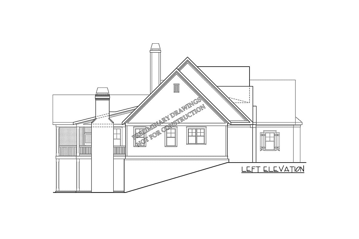 Left elevation house plan with gabled roof, two chimneys, covered porch, and multiple windows.