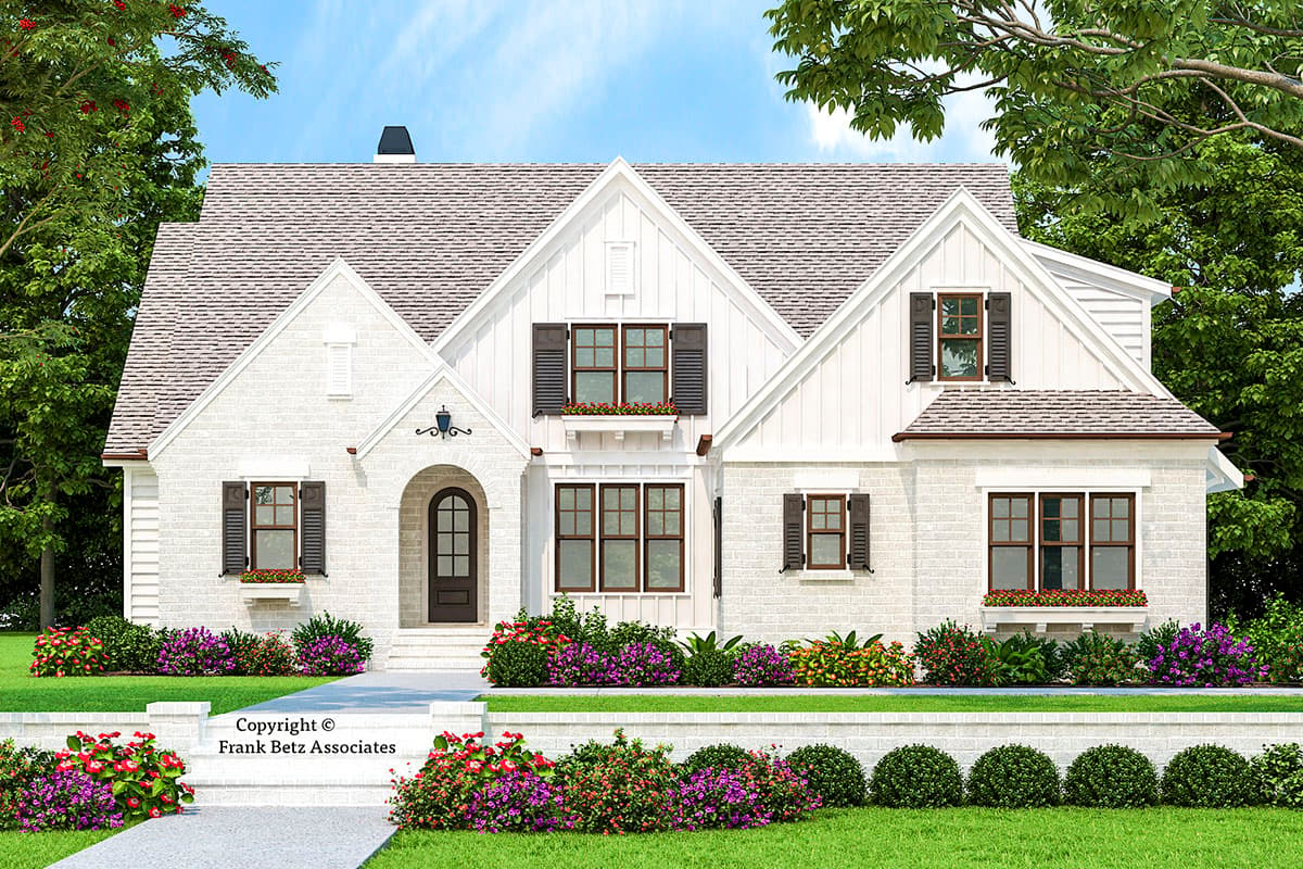 House plan exterior: two-story Modern Farmhouse with multiple gables, arched entry, board and batten siding, and brickwork.
