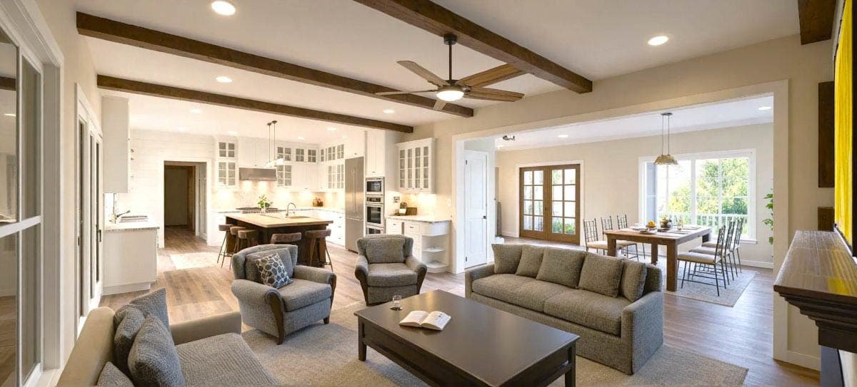 Spacious, open-plan living and dining area with modern design. Features include a kitchen island, comfortable seating, and a dining table by a window.