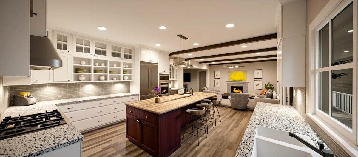 A modern kitchen design with a large island, wood flooring, and a connected living area featuring a fireplace and cozy seating.