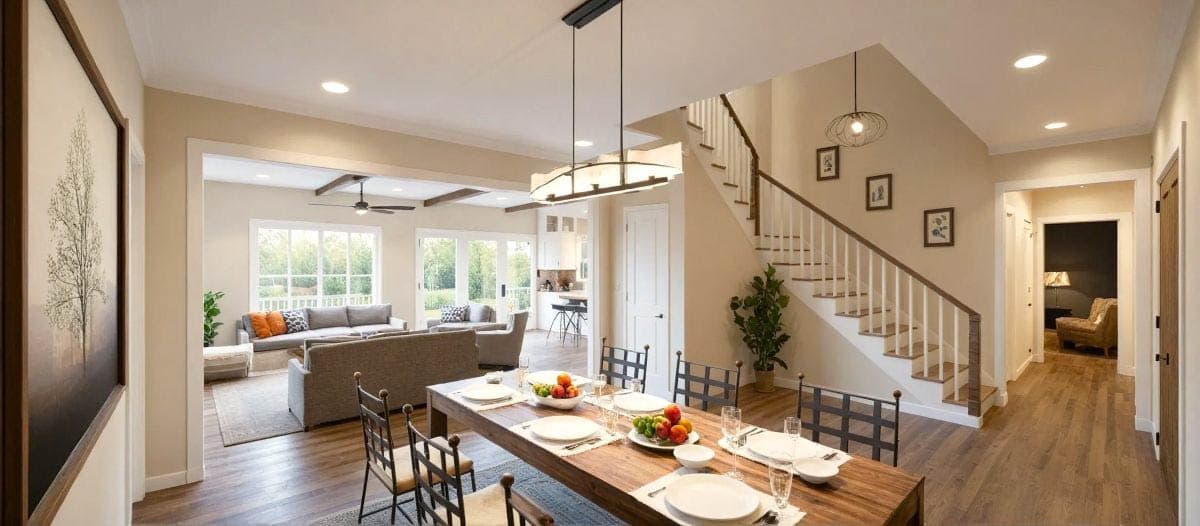 A spacious, open-concept living and dining area with a long wooden table set for a meal, and a staircase leading upstairs.