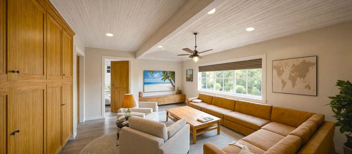 A modern living room with a large sectional sofa, a coffee table, and a TV displaying a beach scene. A world map hangs on the wall.
