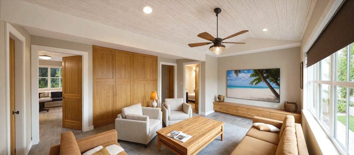 Spacious living room with natural wood accents, a large TV showing a beach scene, and comfortable seating. A ceiling fan hangs above the coffee table.