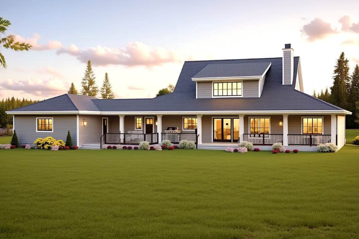 A large gray house with a wraparound porch and dark roof is set against a green lawn and cloudy sky. Windows glow with interior lights.