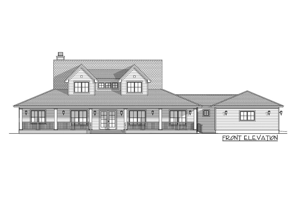 Line drawing of a two-story house. It features a porch, multiple windows, and a small garage extension. The words "FRONT ELEVATION" are at the bottom.