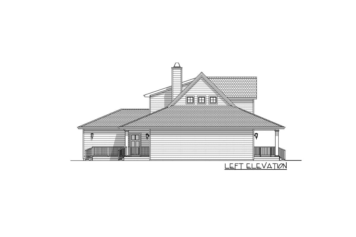 Line drawing of a house's left elevation, featuring a gabled roof, a porch, a chimney, and three windows under the gable.
