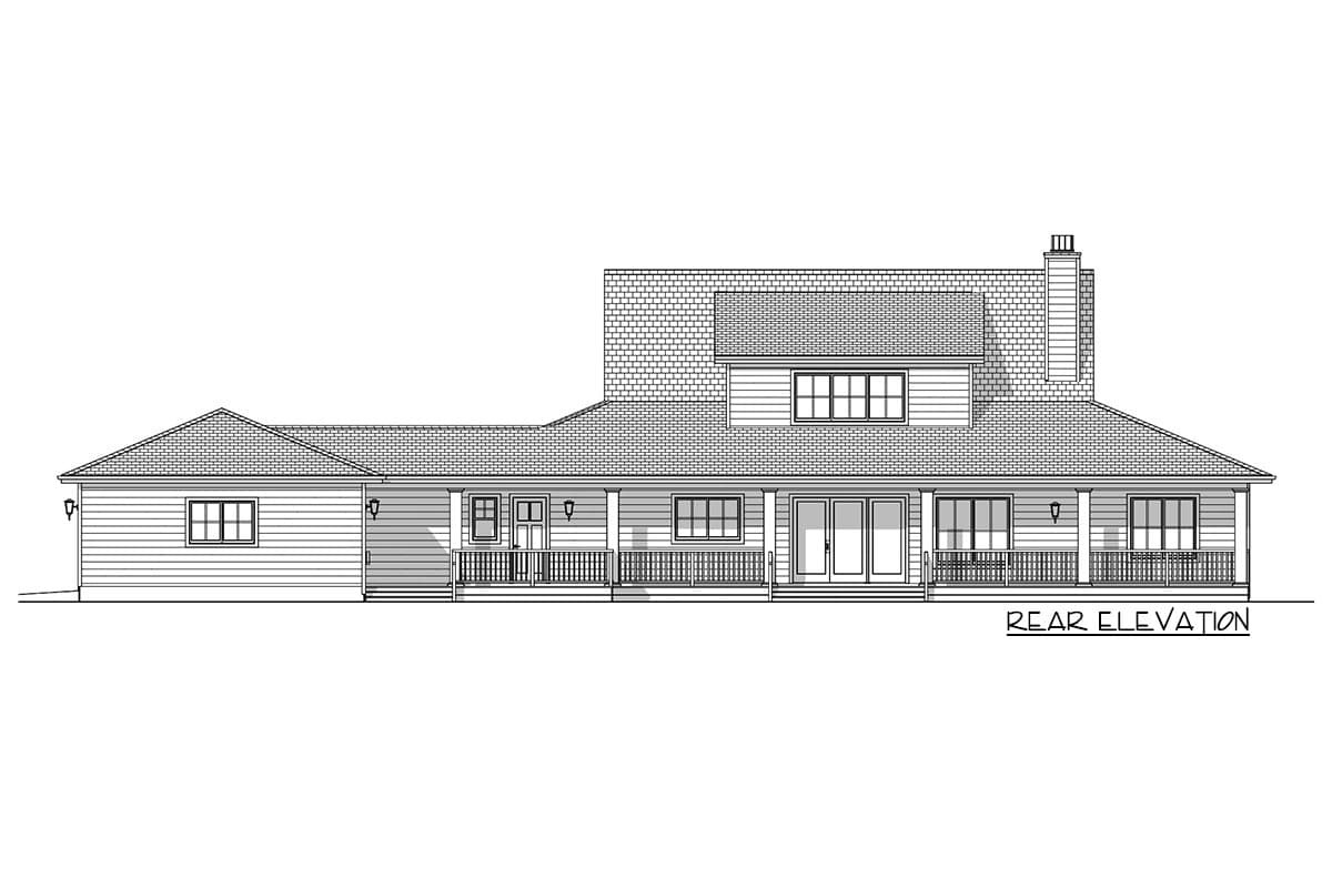 A black-and-white architectural drawing of a house from the rear elevation. It has a porch, multiple windows, and a chimney on the roof.