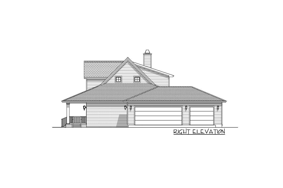 Line drawing of a house showing the right elevation. It has a garage, a porch with a small railing, and a gabled roof with a chimney.