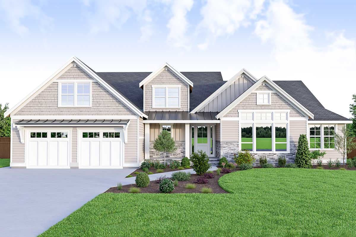 House plan exterior: Craftsman style, one-story with a three-car garage, gabled dormer, stone accents, and covered front entry.