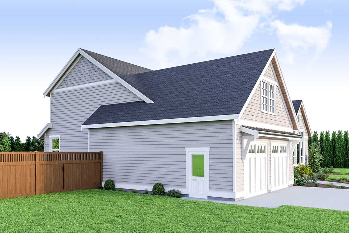 House plan exterior featuring a two-story structure with vinyl siding, gables, dormers, a side door, and a three-car garage.