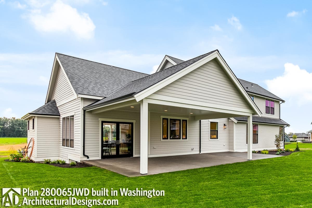 House plan exterior with gable rooflines, covered patio, and multiple gables.