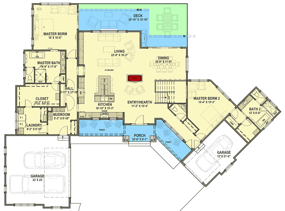 Plan 64484SC: Contemporary Craftsman with 2 Main-level Masters - Floor Plan - Main Level - Contemporary, Craftsman, Farmhouse, Mountain, Prairie, Ranch