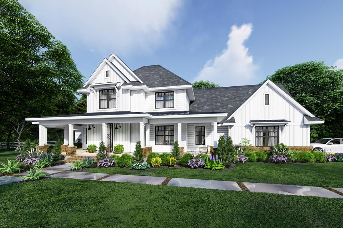 Modern Farmhouse house plan exterior with a wrap-around porch, gables, dormers, and board and batten siding.