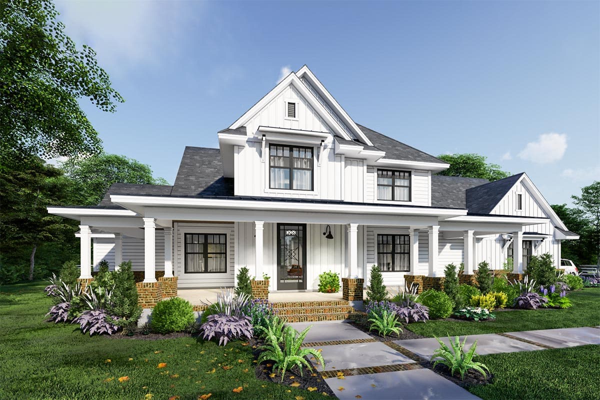 Modern farmhouse house plan exterior with wraparound porch, gables, and board-and-batten siding.