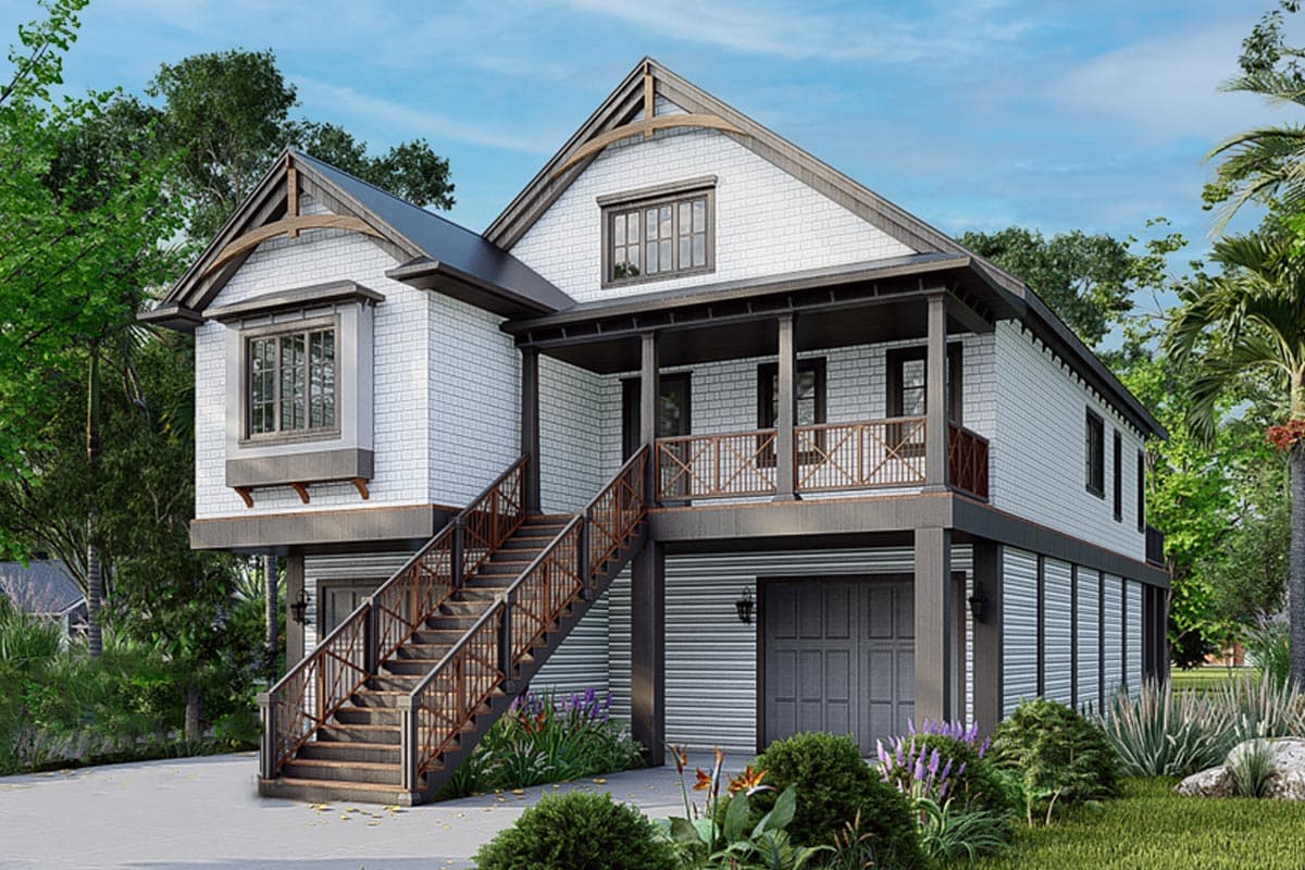 House plan exterior: two-story Modern Farmhouse with gabled dormers, raised main living area, wrap-around porch, and attached garage.