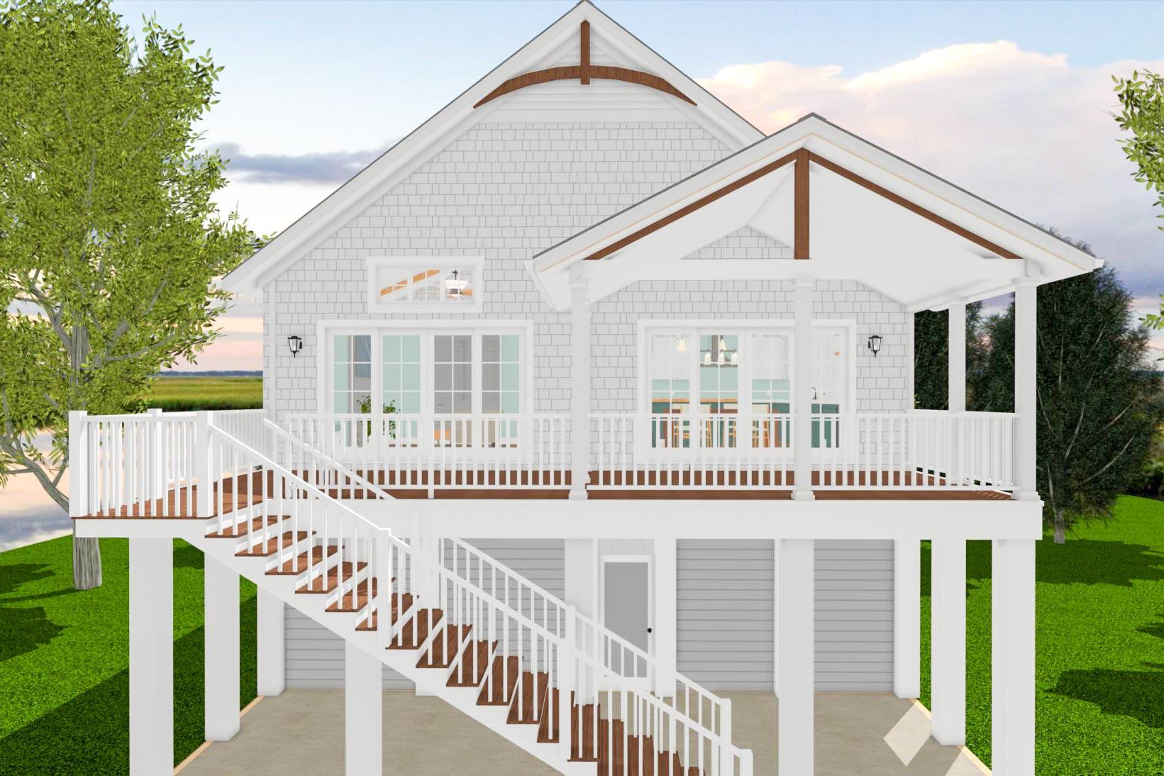 House plan exterior: Two-story Modern Farmhouse with front stairs, wraparound porch, and gable dormer.