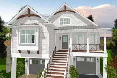 Rectangular Beach Home Plan with Vaulted Dining and Living Room - 1600 Sq Ft