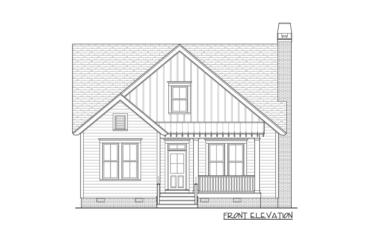 Front elevation drawing of a one-story house plan with gabled roof, prominent chimney, front porch with railing, and double-hung windows.