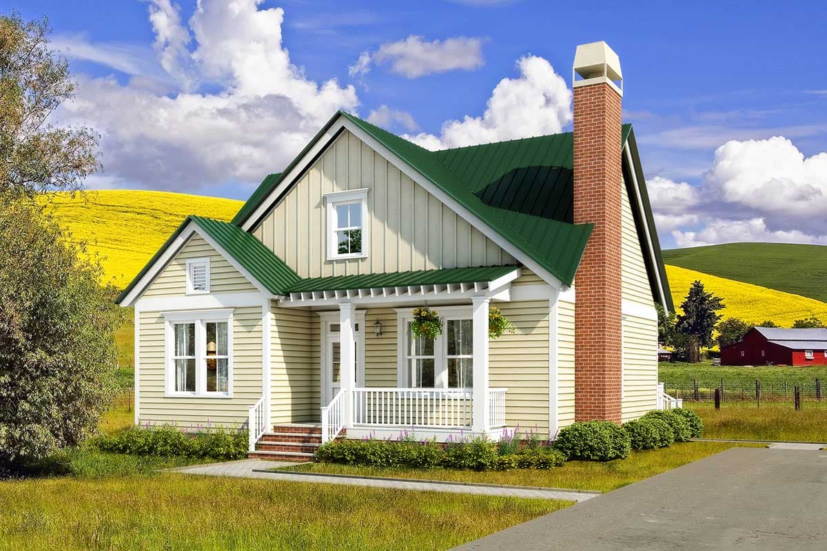 House plan exterior with cottage style. Features include a front porch with railing, dormer, gables, and a brick chimney. Green metal roof.
