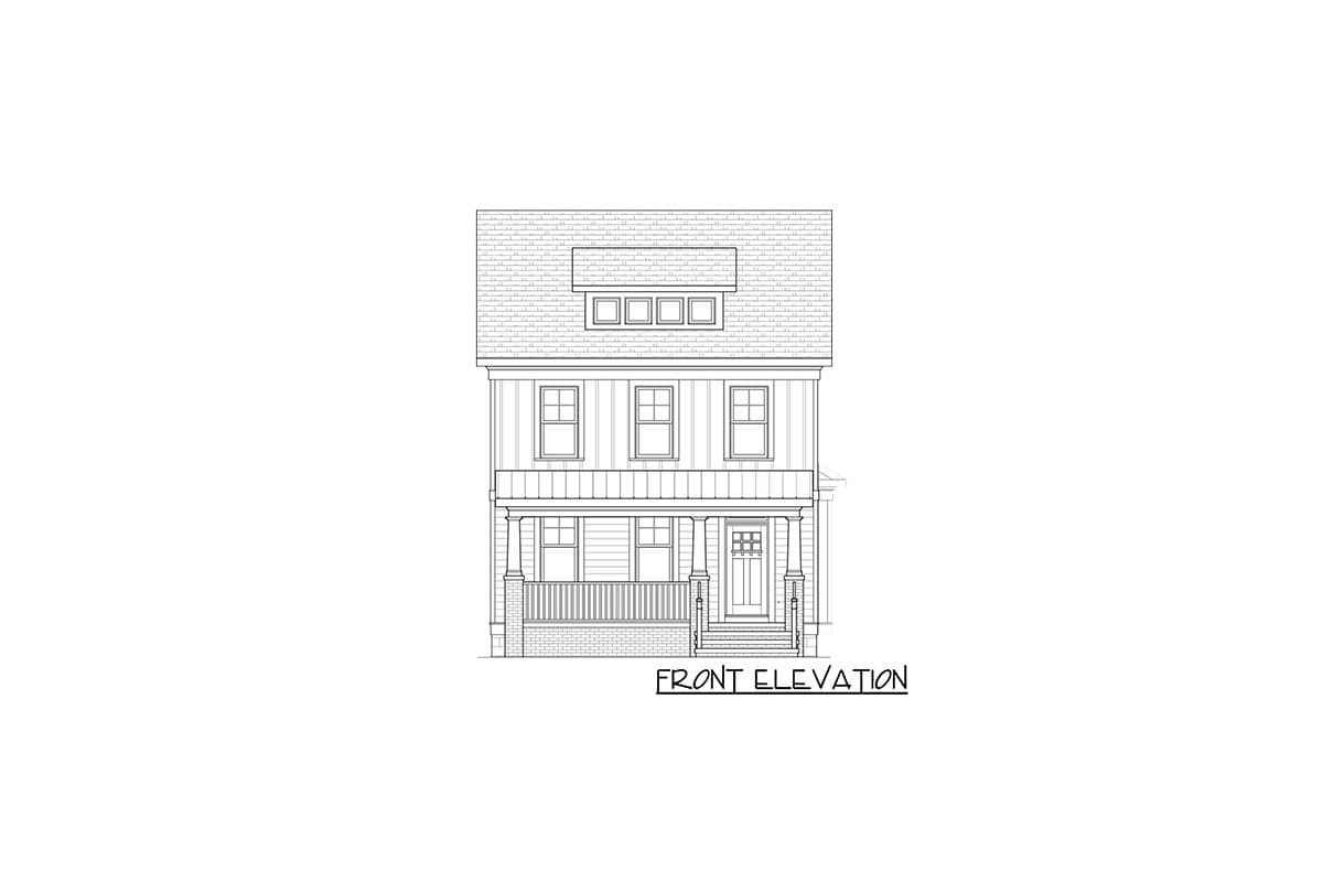 Front elevation drawing of a two-story house with a covered porch, multiple windows, and a dormer.