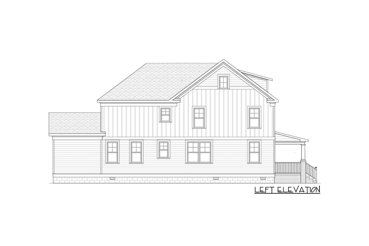 Left elevation house plan drawing showing a two-story house with a gable roof, dormer, and covered porch.