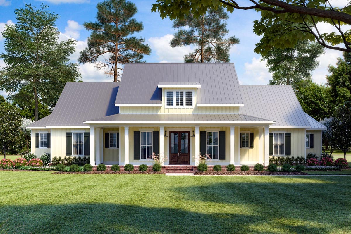 House plan exterior. Two-story farmhouse with a front porch, dormer, and gabled roof. Features include dark shutters and a metal roof.