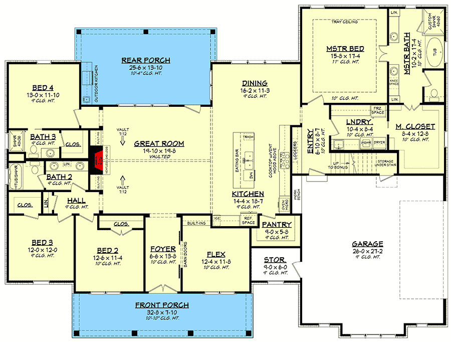 Plan 51812HZ: 4-Bed New American House Plan with Barn Door Flex Room - 2832 Sq Ft - Floor Plan - Main Level - Country, Craftsman, Farmhouse, New American, Southern, Traditional
