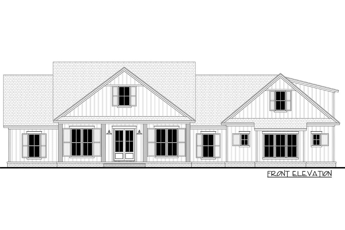Front elevation drawing of a one-story Modern Farmhouse with gables, dormers, double entry doors, and multiple windows.