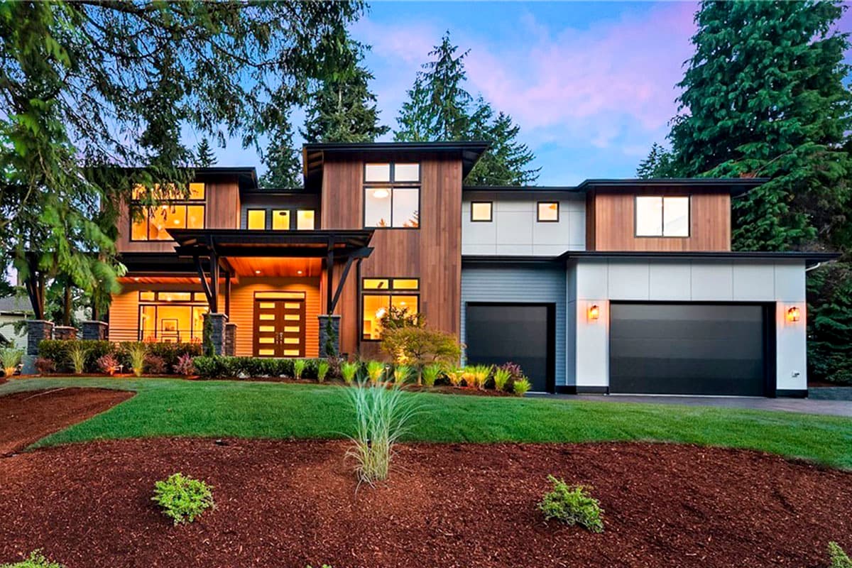 House plan exterior with two stories. Modern style with wood siding, a covered entry, and attached garage with black doors.