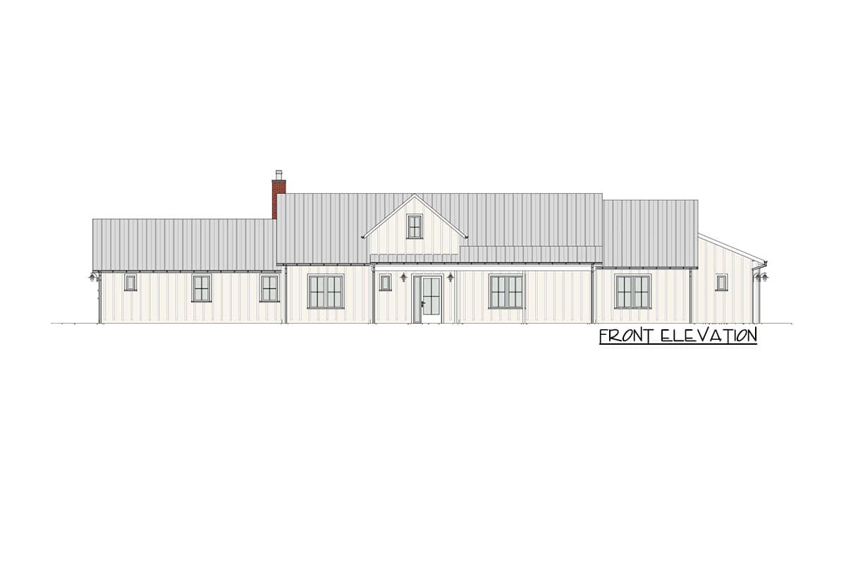 Front elevation drawing of a single-story house with metal gable roof, brick chimney, and wide horizontal siding.