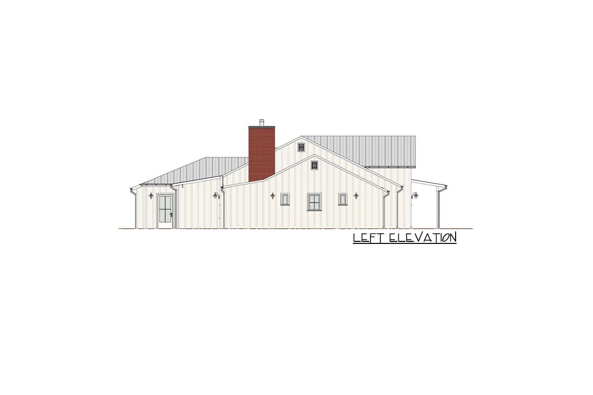 Left elevation house plan drawing showing a one-story home with vertical siding, metal roof, prominent brick chimney, and gabled dormers.