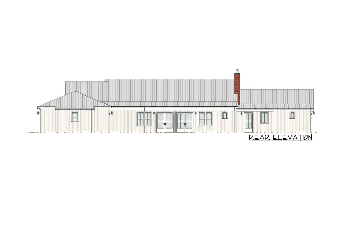 Rear elevation house plan with vertical siding, gabled rooflines, and multiple French doors.