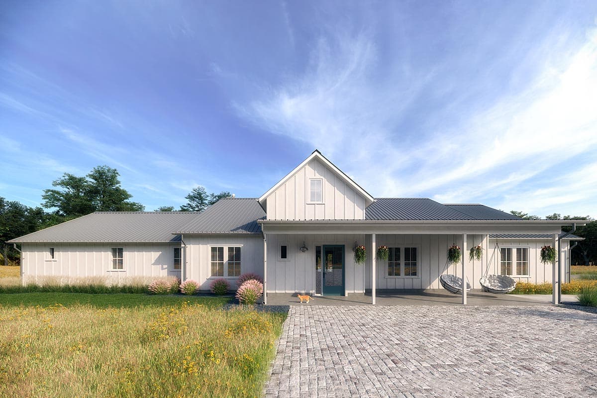 House plan exterior. Modern Farmhouse style with a single story, front porch, gables, and metal roof.