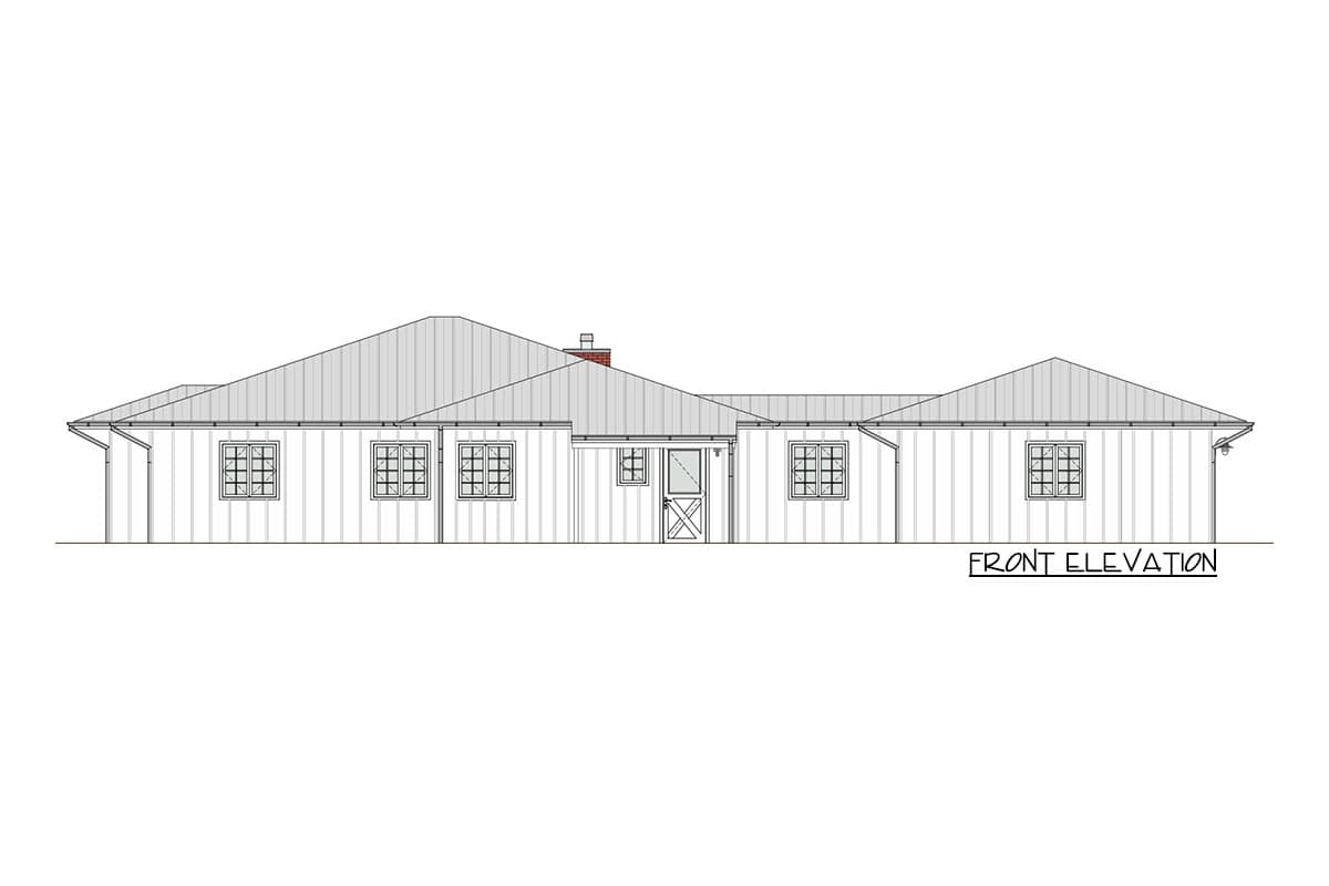 Front elevation drawing of a single-story house with a prominent metal roof, multiple gables, and numerous multi-pane windows.