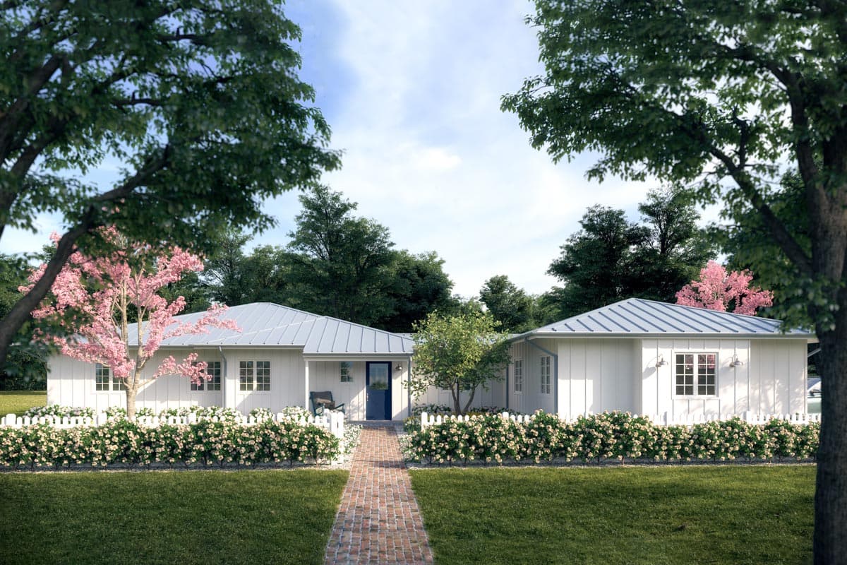 House plan exterior. One-story Ranch style home with metal roof, board and batten siding, and minimal front porch with entry door.