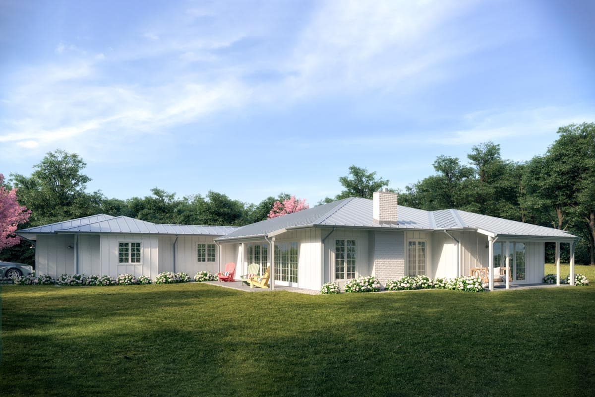 House plan exterior rendering of a modern farmhouse, one-story home with a metal roof, white board-and-batten siding, and a covered porch.