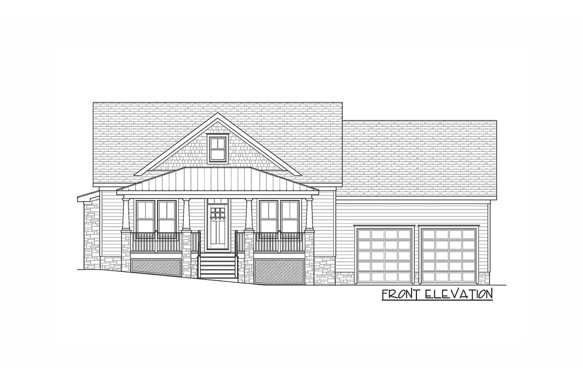 Front elevation drawing of a house plan with a covered front porch, gable roof, dormer, and two-car garage.