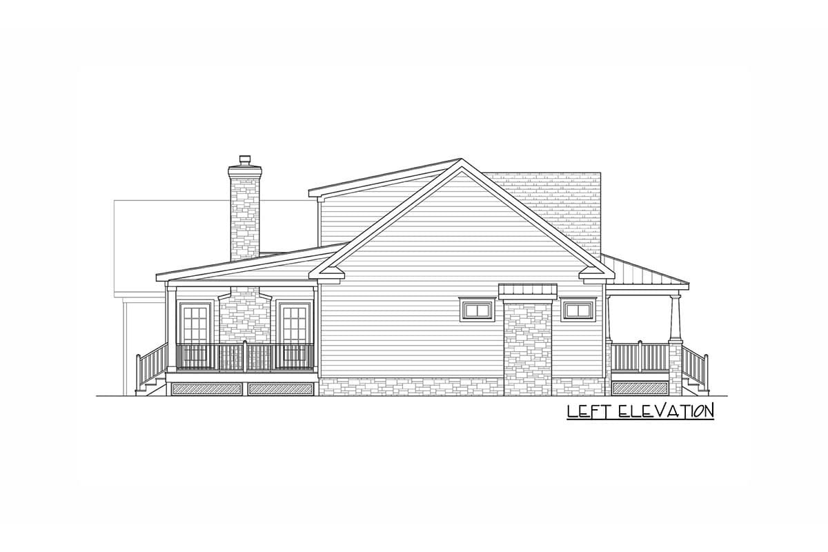 Left elevation house plan with gabled roof, covered porch, double doors, and stone chimney.