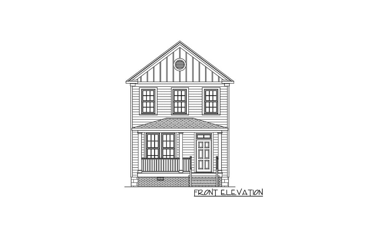 Front elevation drawing of a two-story house plan with a gable roof, porch, and double-hung windows.