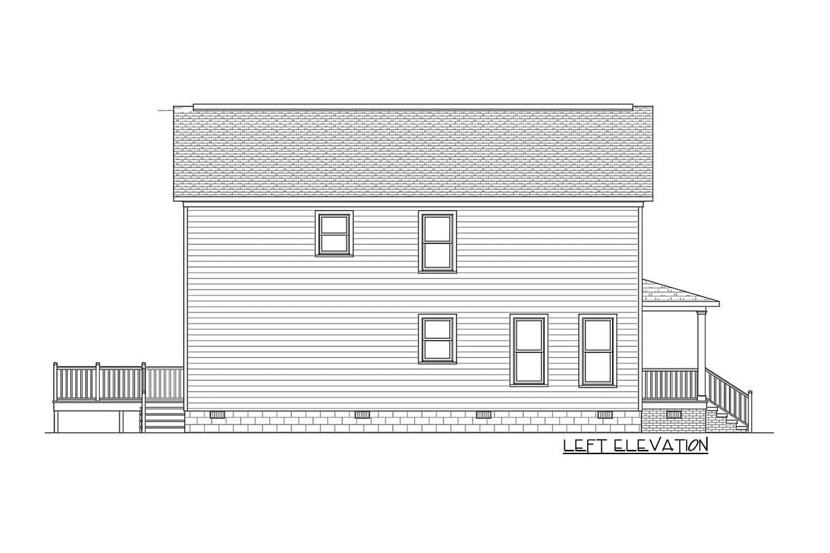 Left elevation house plan showing a two-story structure with horizontal siding, gabled roof, and a covered front porch with railings.
