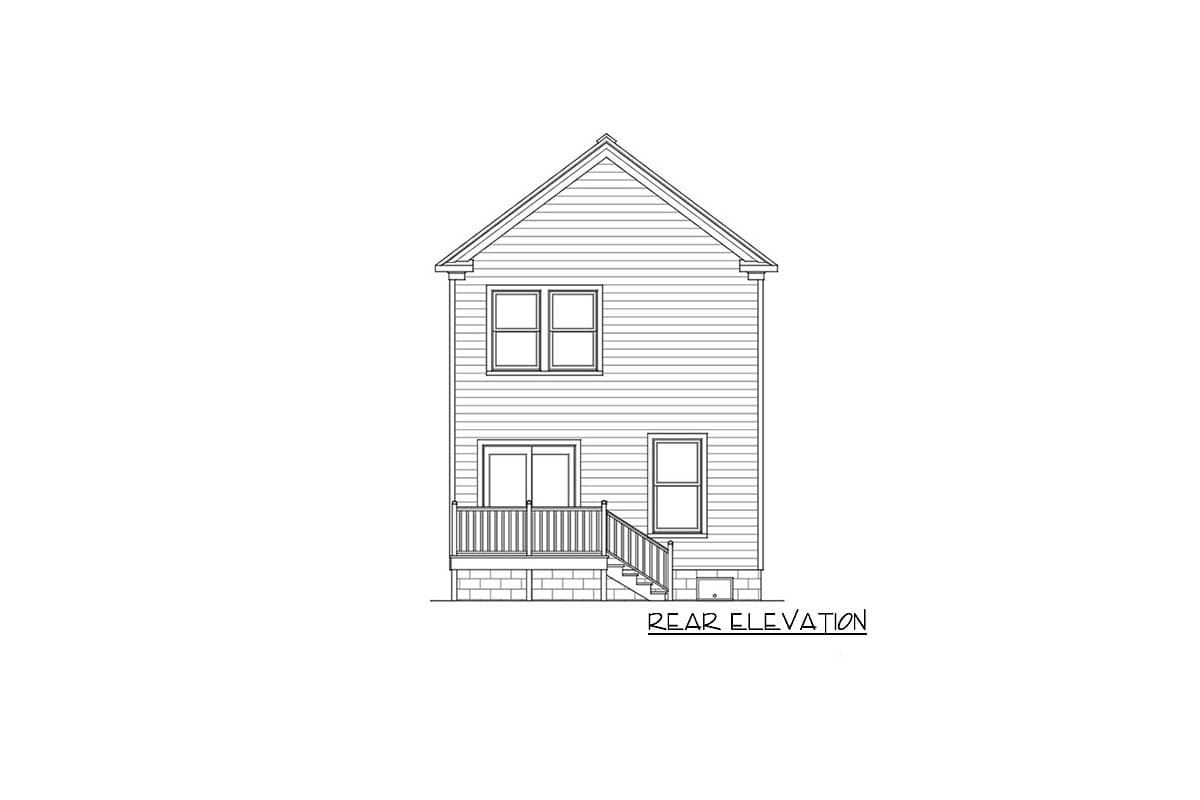 Rear elevation drawing of a two-story house with a gable roof, double-hung windows, and a deck with stairs.