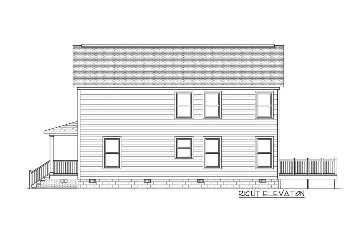 Right elevation of a two-story house plan with lap siding, multiple windows, and a front porch with railing.